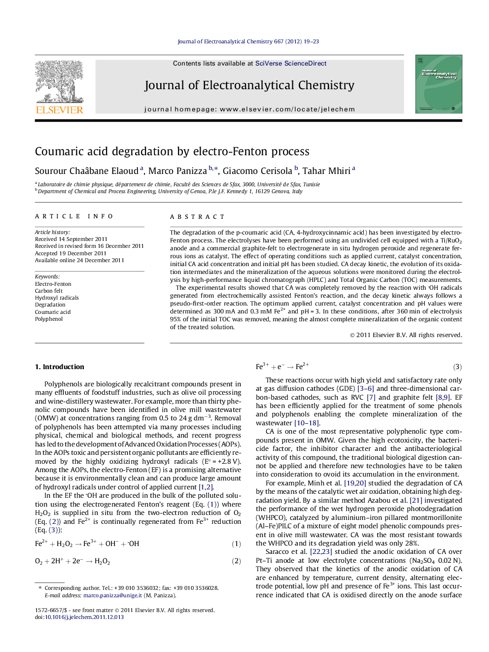 Coumaric acid degradation by electro-Fenton process