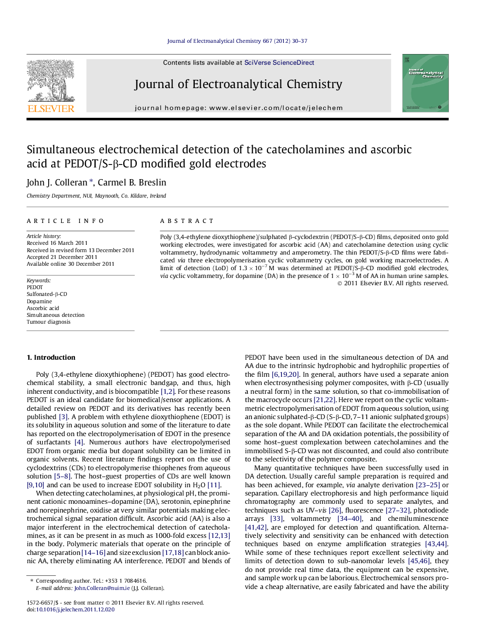 Simultaneous electrochemical detection of the catecholamines and ascorbic acid at PEDOT/S-β-CD modified gold electrodes