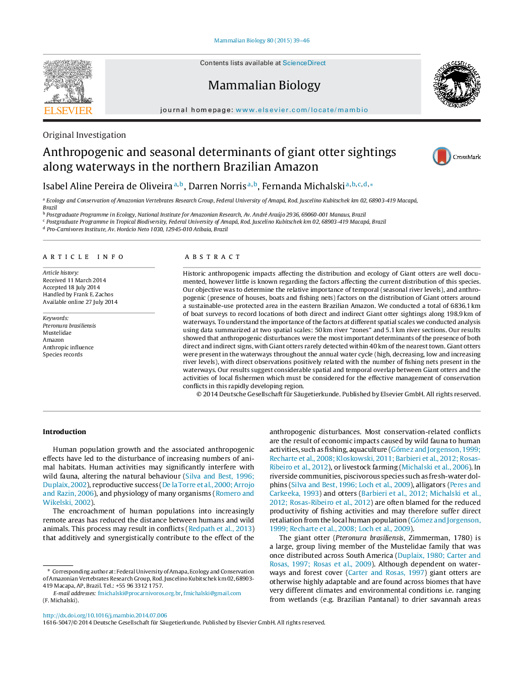 Anthropogenic and seasonal determinants of giant otter sightings along waterways in the northern Brazilian Amazon