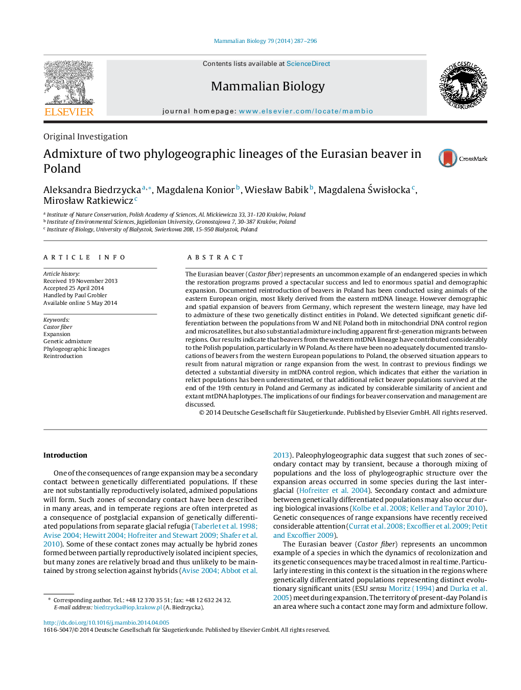 Admixture of two phylogeographic lineages of the Eurasian beaver in Poland