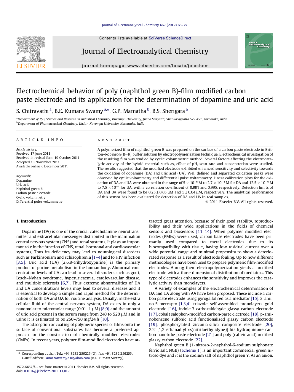 Electrochemical behavior of poly (naphthol green B)-film modified carbon paste electrode and its application for the determination of dopamine and uric acid