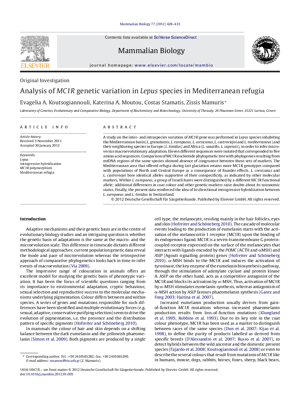 Analysis of MC1R genetic variation in Lepus species in Mediterranean refugia