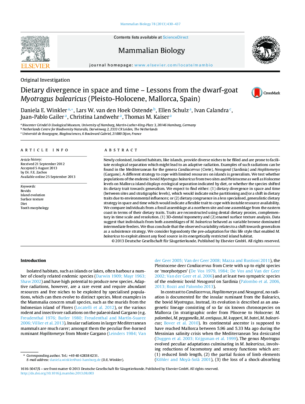 Dietary divergence in space and time – Lessons from the dwarf-goat Myotragus balearicus (Pleisto-Holocene, Mallorca, Spain)