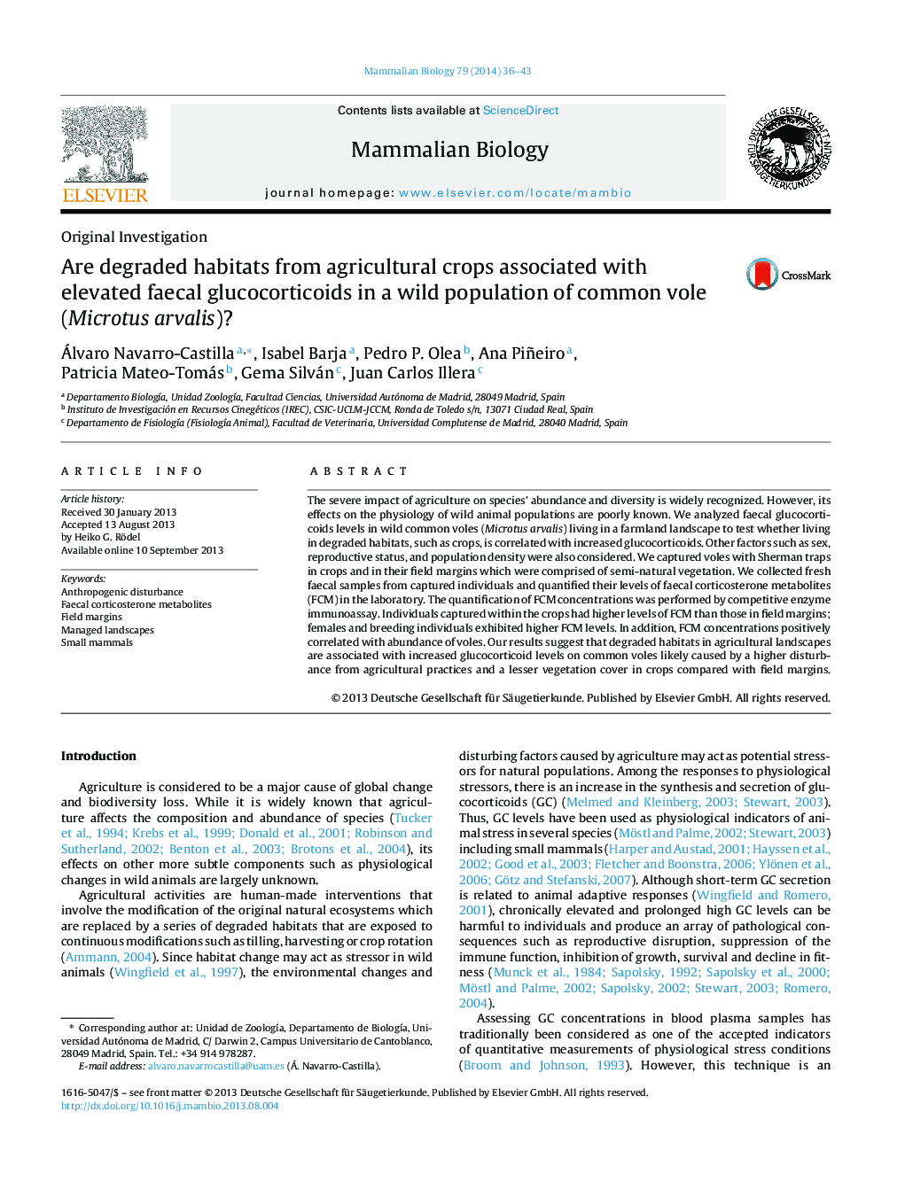 Are degraded habitats from agricultural crops associated with elevated faecal glucocorticoids in a wild population of common vole (Microtus arvalis)?