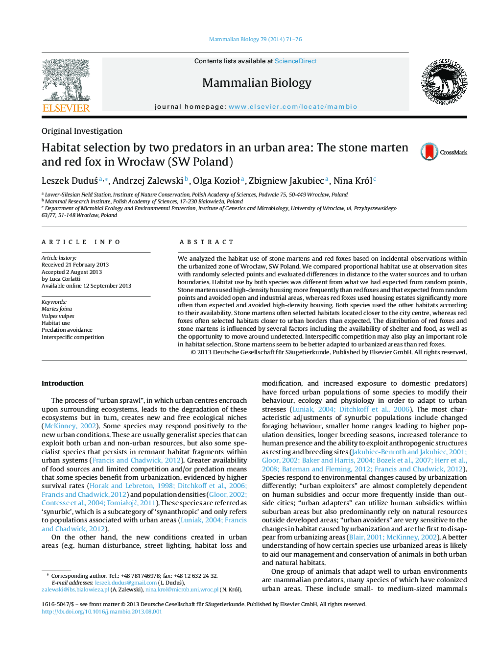 Habitat selection by two predators in an urban area: The stone marten and red fox in Wrocław (SW Poland)