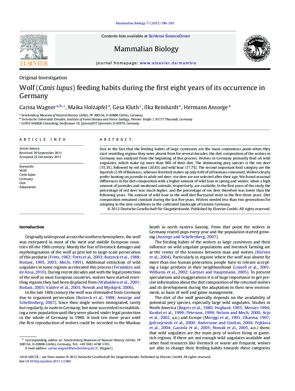 Wolf (Canis lupus) feeding habits during the first eight years of its occurrence in Germany