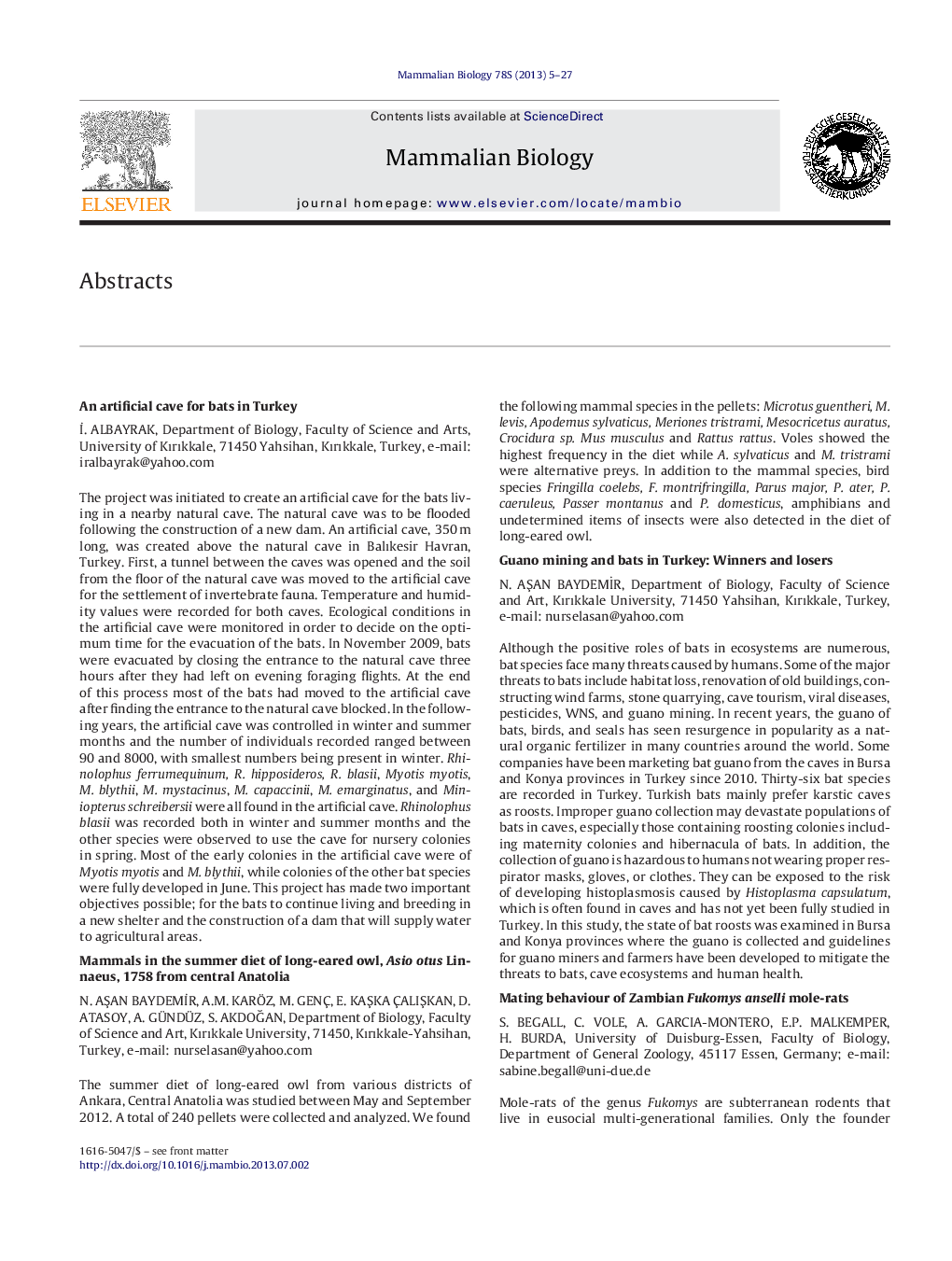 87th Annual Meeting of the German Society of Mammalogy, Prague (Czech Republic), 8th-12th September 2013