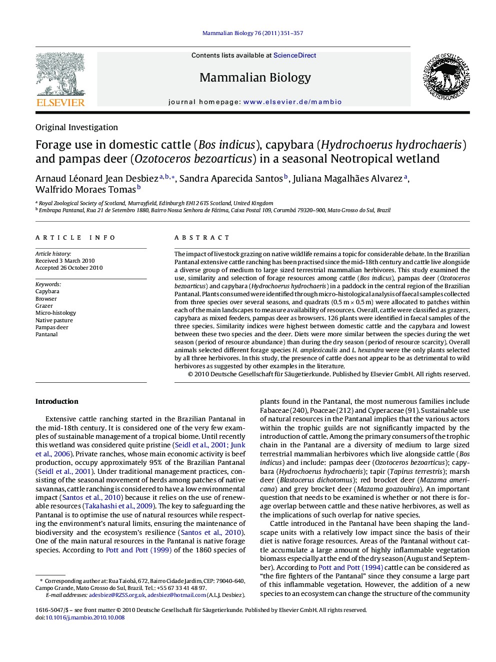 Forage use in domestic cattle (Bos indicus), capybara (Hydrochoerus hydrochaeris) and pampas deer (Ozotoceros bezoarticus) in a seasonal Neotropical wetland