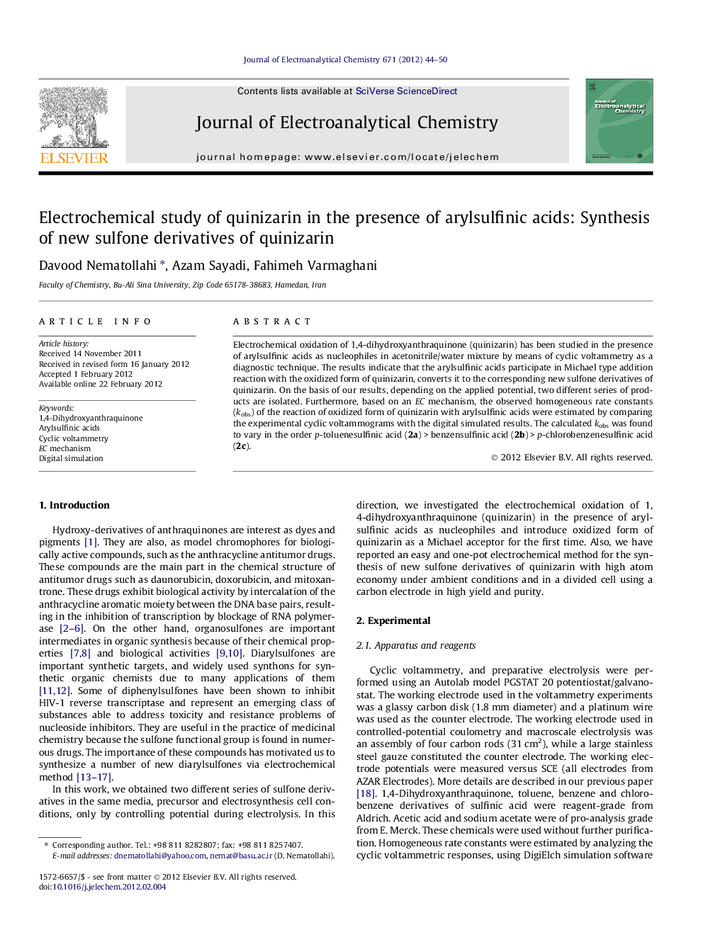 Electrochemical study of quinizarin in the presence of arylsulfinic acids: Synthesis of new sulfone derivatives of quinizarin