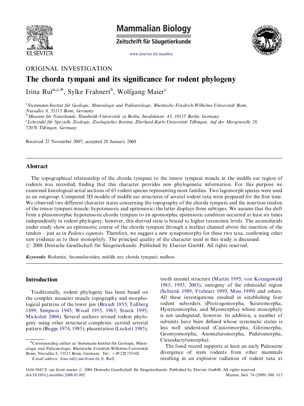 The chorda tympani and its significance for rodent phylogeny