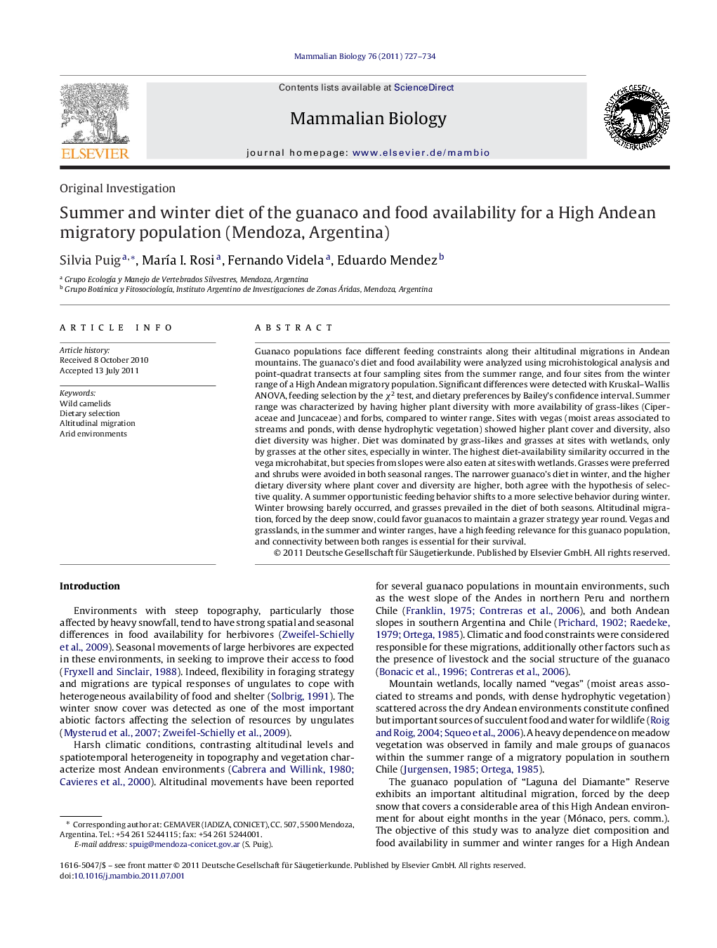 Summer and winter diet of the guanaco and food availability for a High Andean migratory population (Mendoza, Argentina)