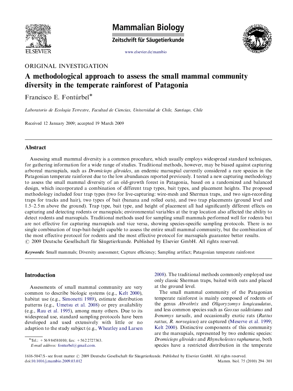 A methodological approach to assess the small mammal community diversity in the temperate rainforest of Patagonia