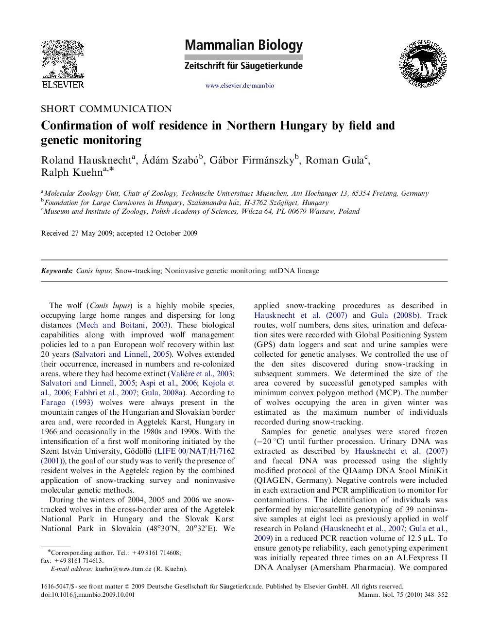 Confirmation of wolf residence in Northern Hungary by field and genetic monitoring