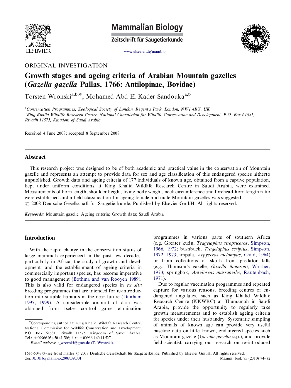 Growth stages and ageing criteria of Arabian Mountain gazelles (Gazella gazella Pallas, 1766: Antilopinae, Bovidae)