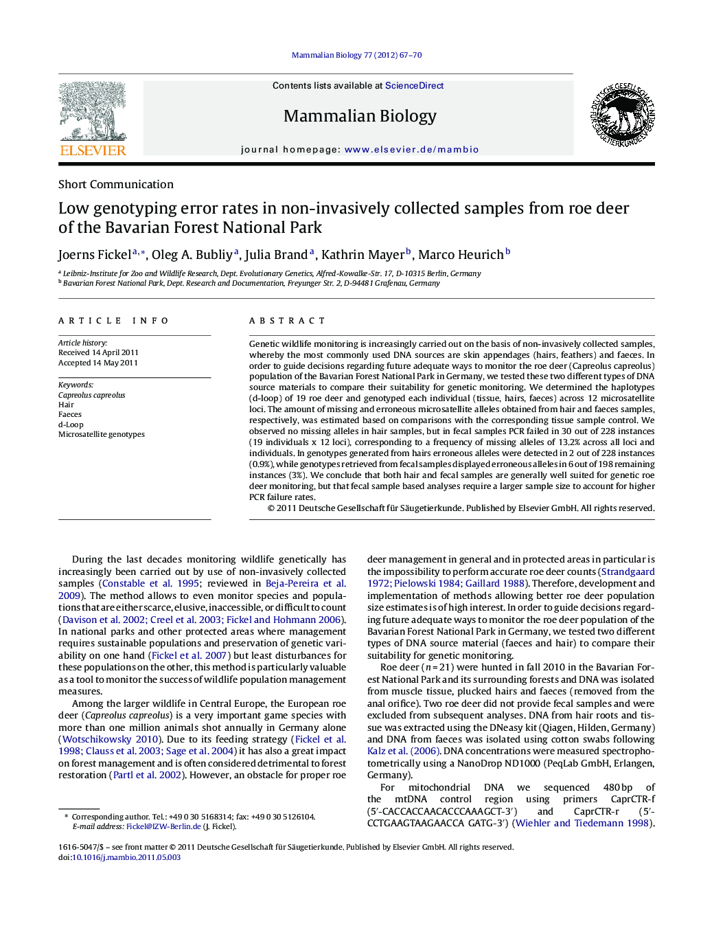 Low genotyping error rates in non-invasively collected samples from roe deer of the Bavarian Forest National Park