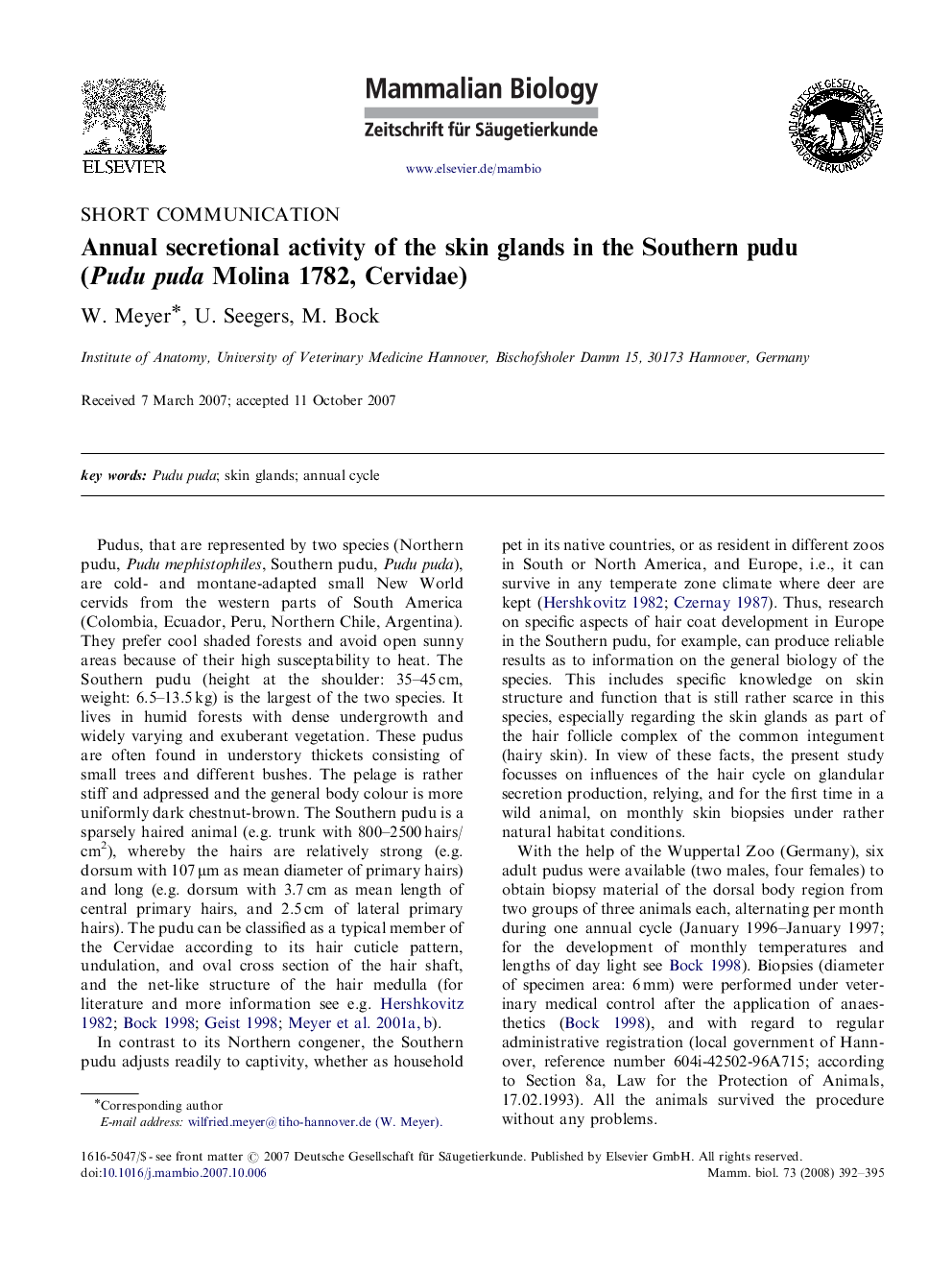 Annual secretional activity of the skin glands in the Southern pudu (Pudu puda Molina 1782, Cervidae)