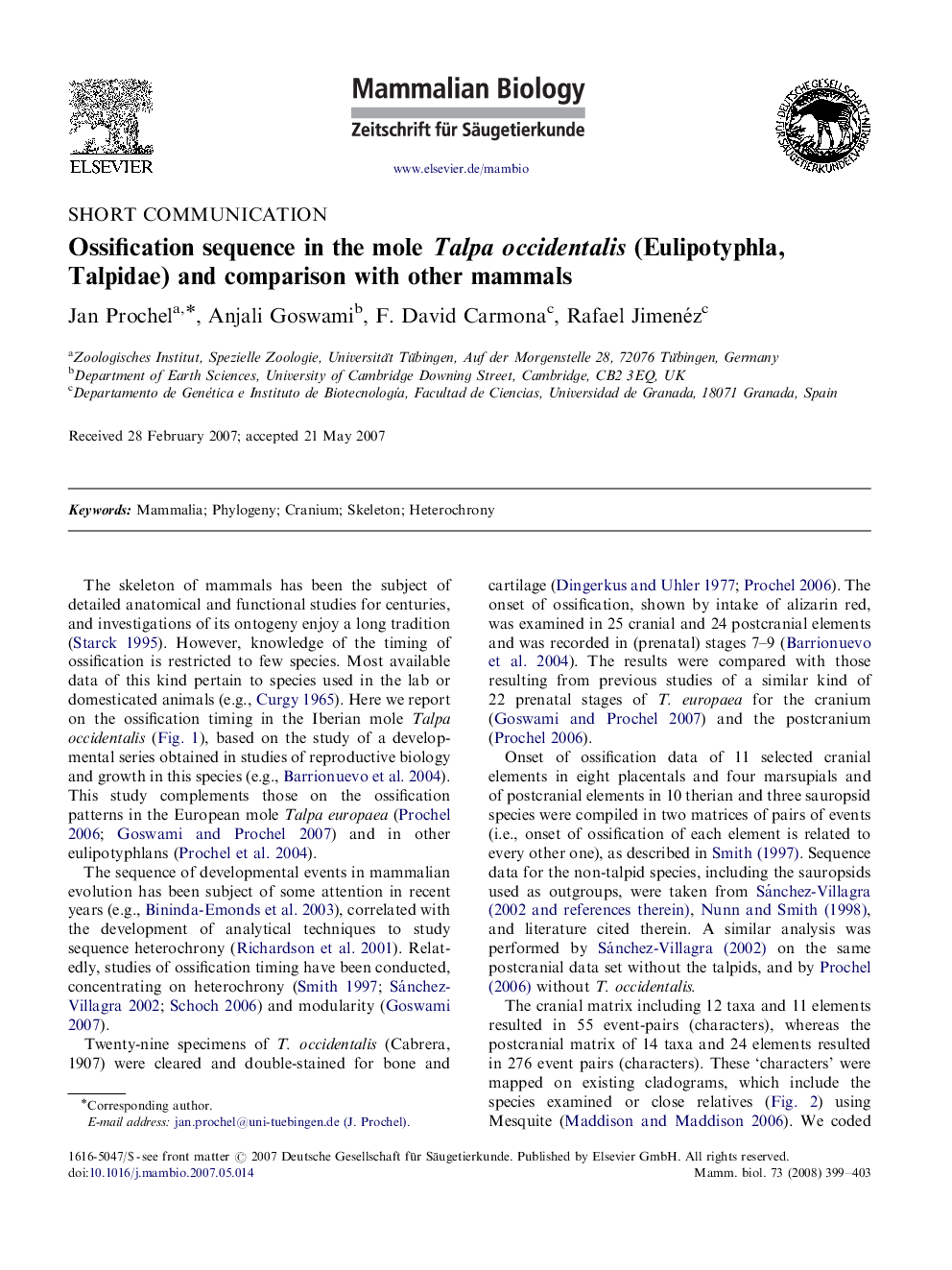 Ossification sequence in the mole Talpa occidentalis (Eulipotyphla, Talpidae) and comparison with other mammals