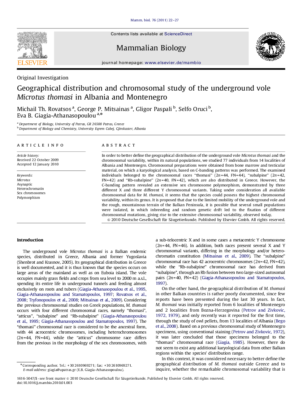 Geographical distribution and chromosomal study of the underground vole Microtus thomasi in Albania and Montenegro