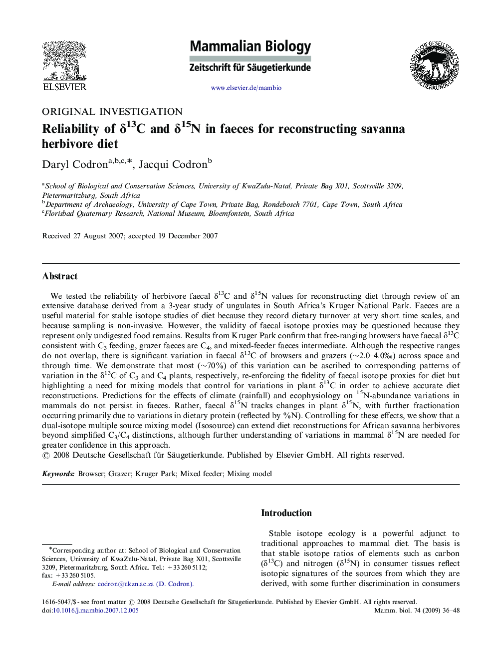 Reliability of δ13C and δ15N in faeces for reconstructing savanna herbivore diet