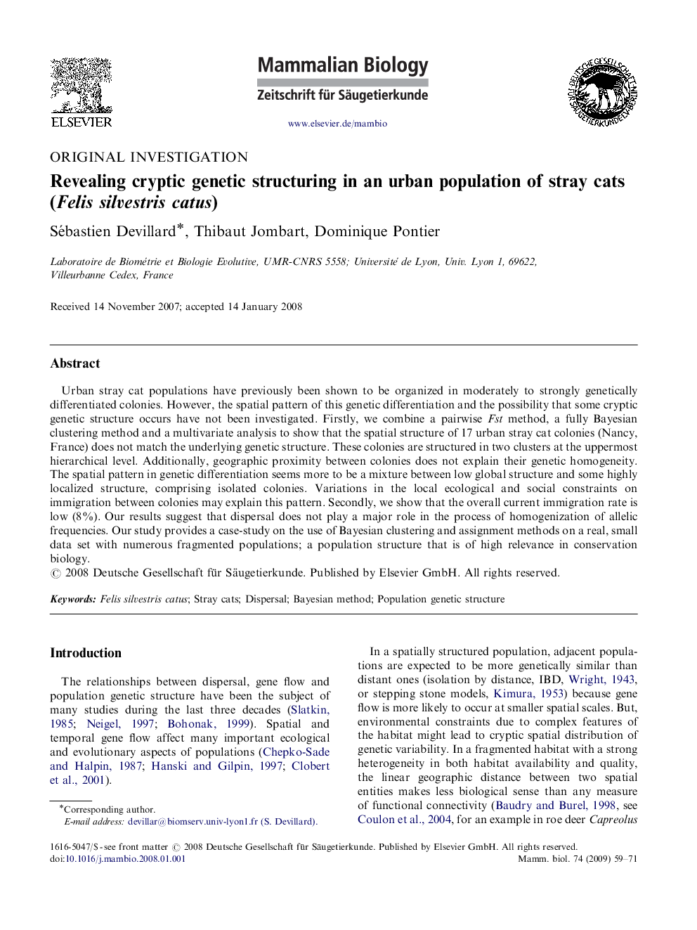 Revealing cryptic genetic structuring in an urban population of stray cats (Felis silvestris catus)