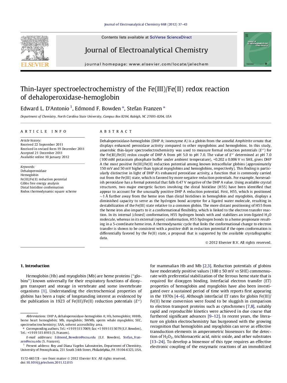 Thin-layer spectroelectrochemistry of the Fe(III)/Fe(II) redox reaction of dehaloperoxidase-hemoglobin