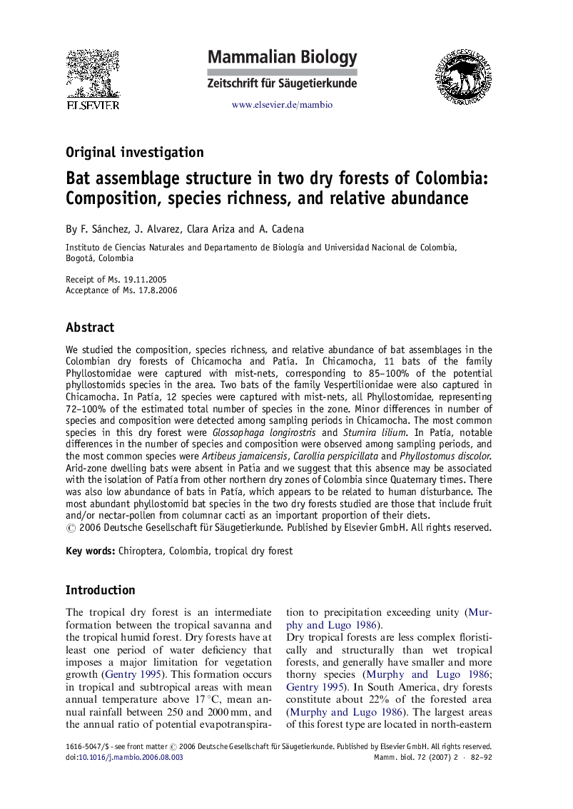 Bat assemblage structure in two dry forests of Colombia: Composition, species richness, and relative abundance