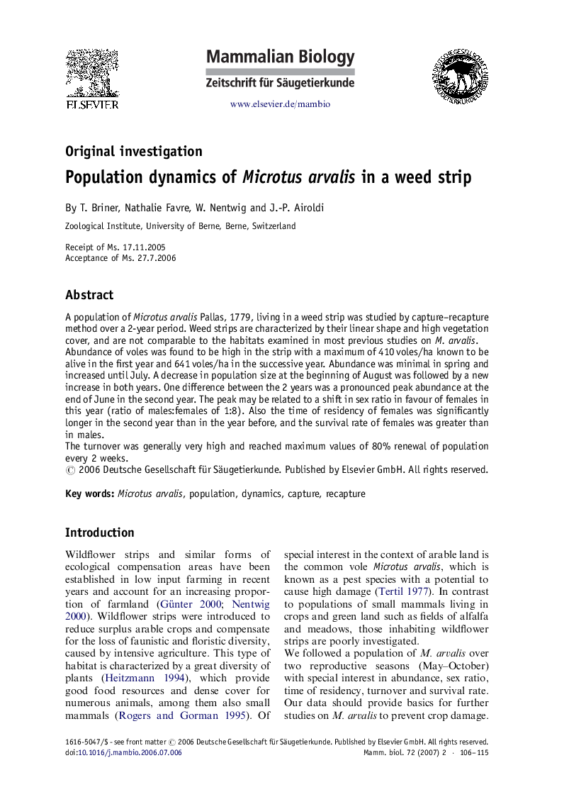 Population dynamics of Microtus arvalis in a weed strip