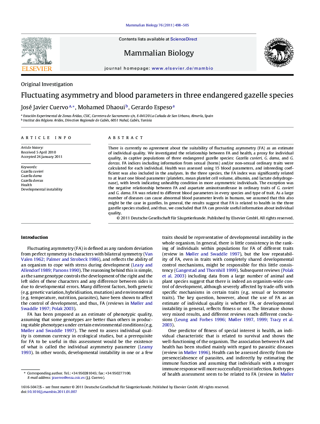 Fluctuating asymmetry and blood parameters in three endangered gazelle species