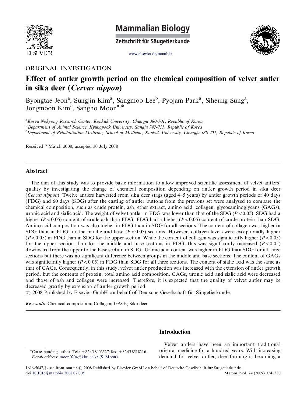 Effect of antler growth period on the chemical composition of velvet antler in sika deer (Cervus nippon)