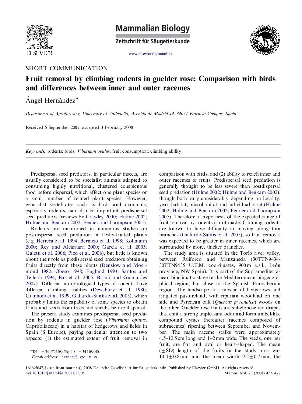 Fruit removal by climbing rodents in guelder rose: Comparison with birds and differences between inner and outer racemes