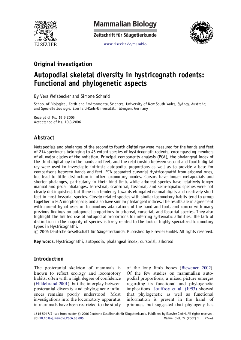 Autopodial skeletal diversity in hystricognath rodents: Functional and phylogenetic aspects