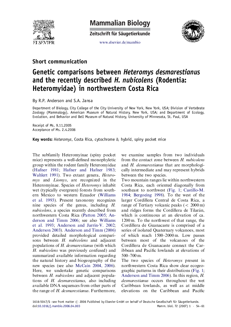 Genetic comparisons between Heteromys desmarestianus and the recently described H. nubicolens (Rodentia: Heteromyidae) in northwestern Costa Rica