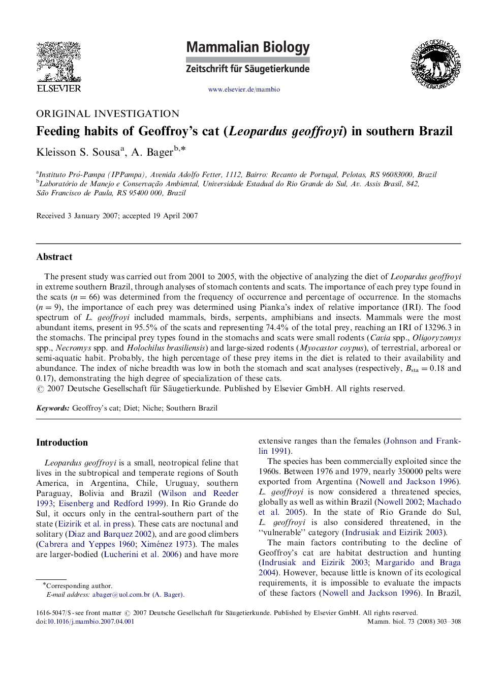 Feeding habits of Geoffroy's cat (Leopardus geoffroyi) in southern Brazil