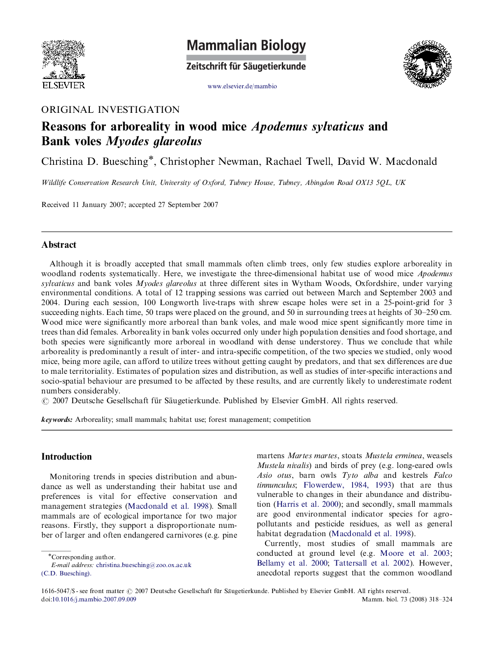 Reasons for arboreality in wood mice Apodemus sylvaticus and Bank voles Myodes glareolus