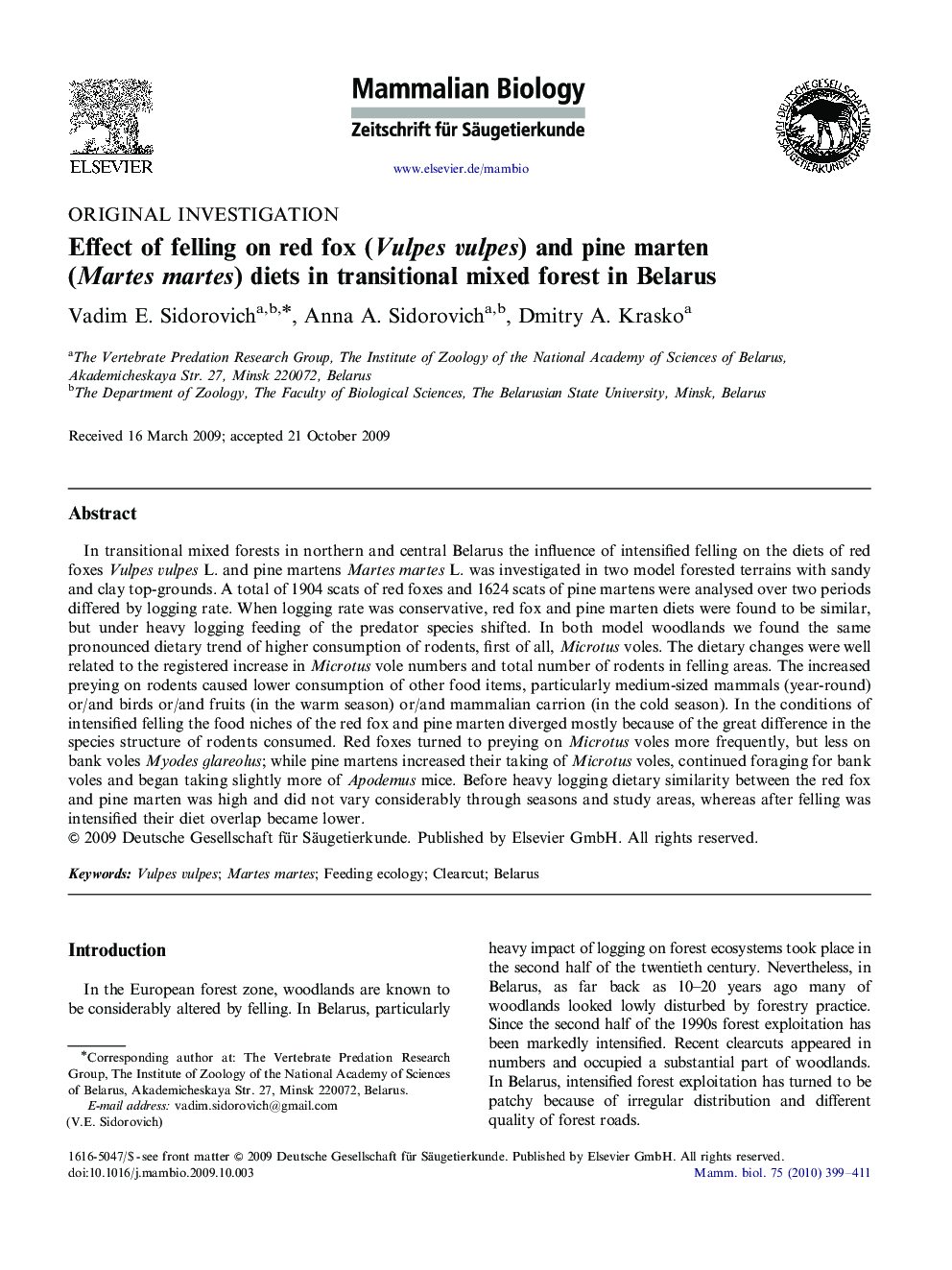 Effect of felling on red fox (Vulpes vulpes) and pine marten (Martes martes) diets in transitional mixed forest in Belarus