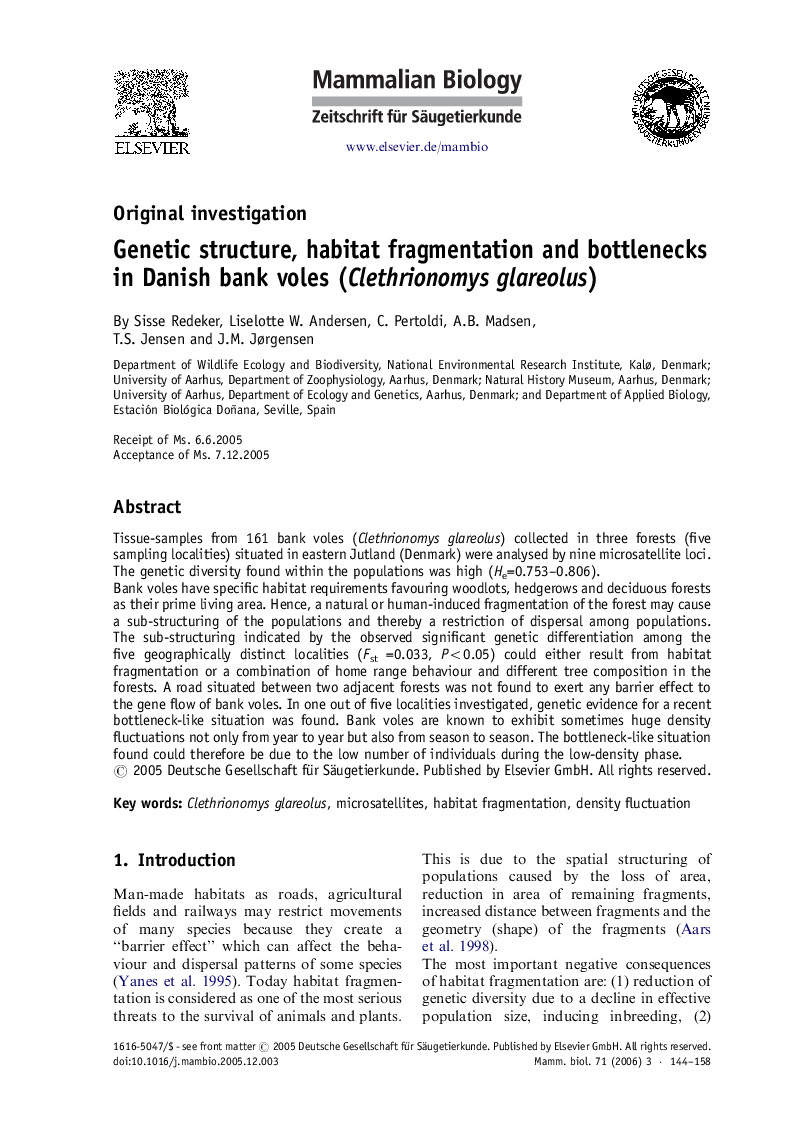 Genetic structure, habitat fragmentation and bottlenecks in Danish bank voles (Clethrionomys glareolus)