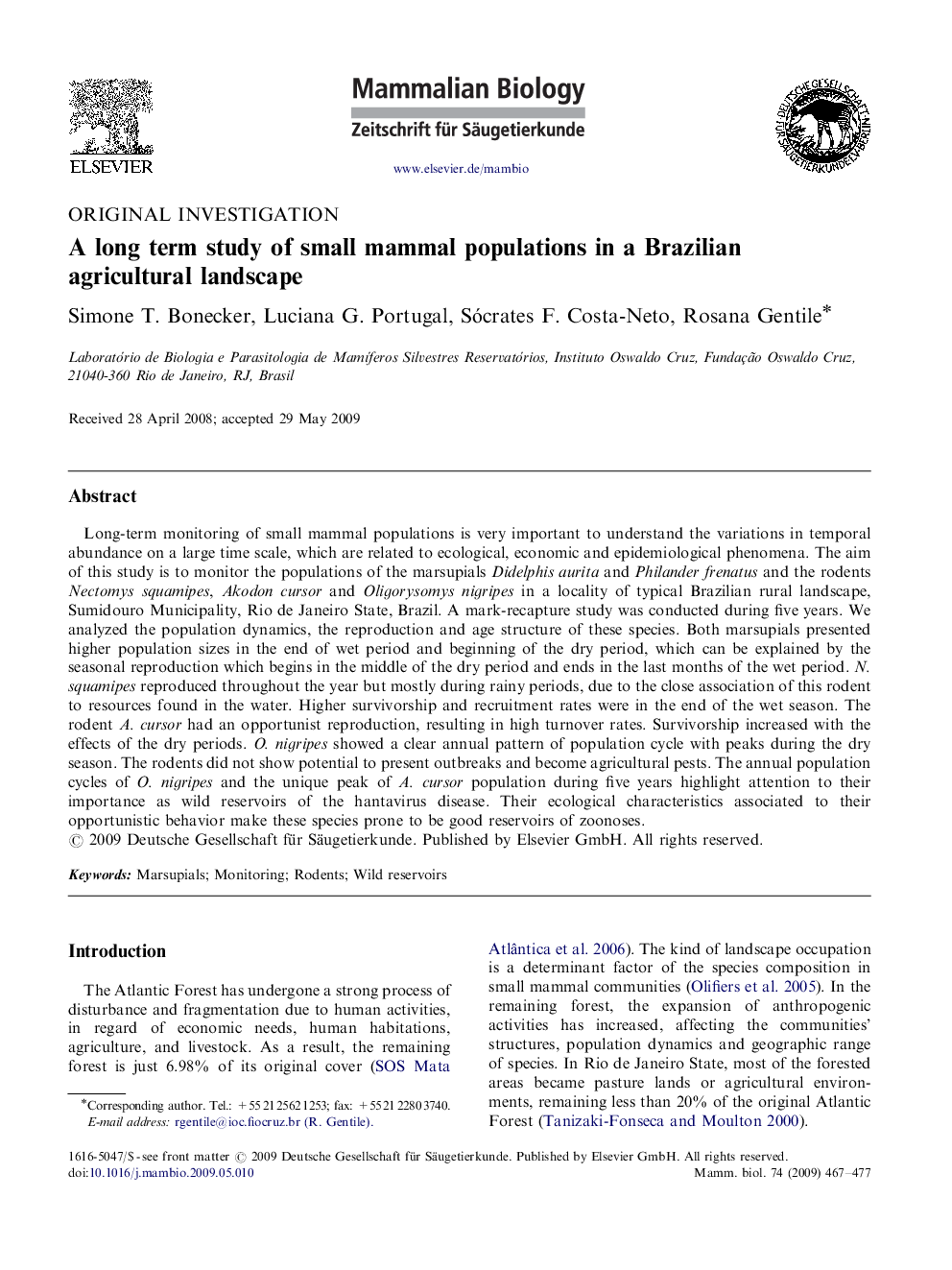 A long term study of small mammal populations in a Brazilian agricultural landscape