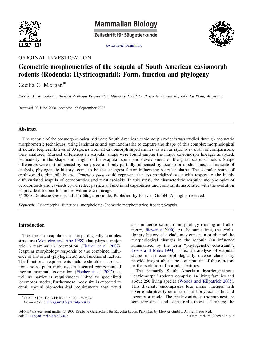 Geometric morphometrics of the scapula of South American caviomorph rodents (Rodentia: Hystricognathi): Form, function and phylogeny