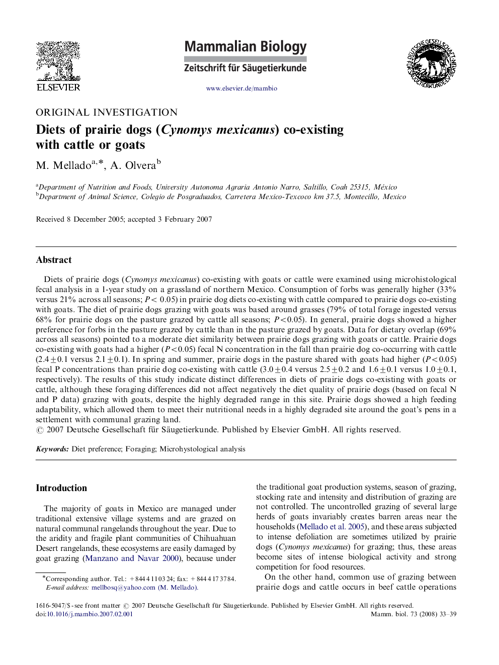 Diets of prairie dogs (Cynomys mexicanus) co-existing with cattle or goats