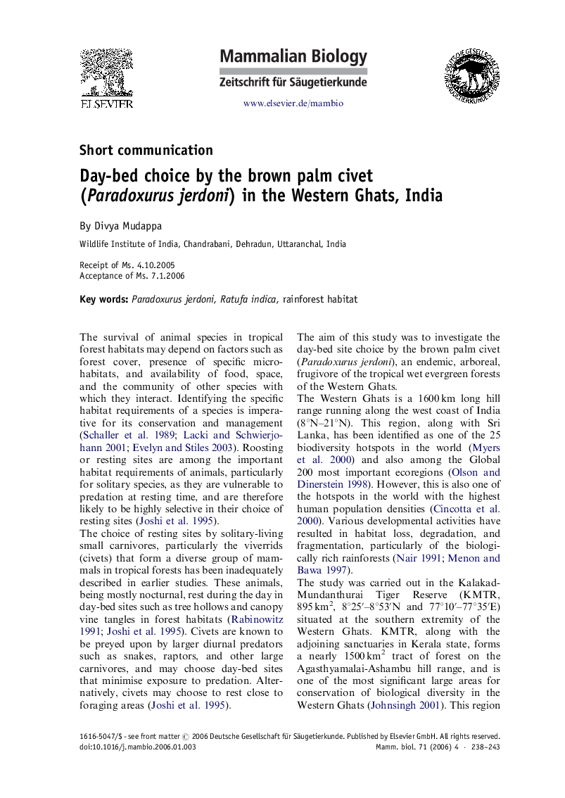 Day-bed choice by the brown palm civet (Paradoxurus jerdoni) in the Western Ghats, India