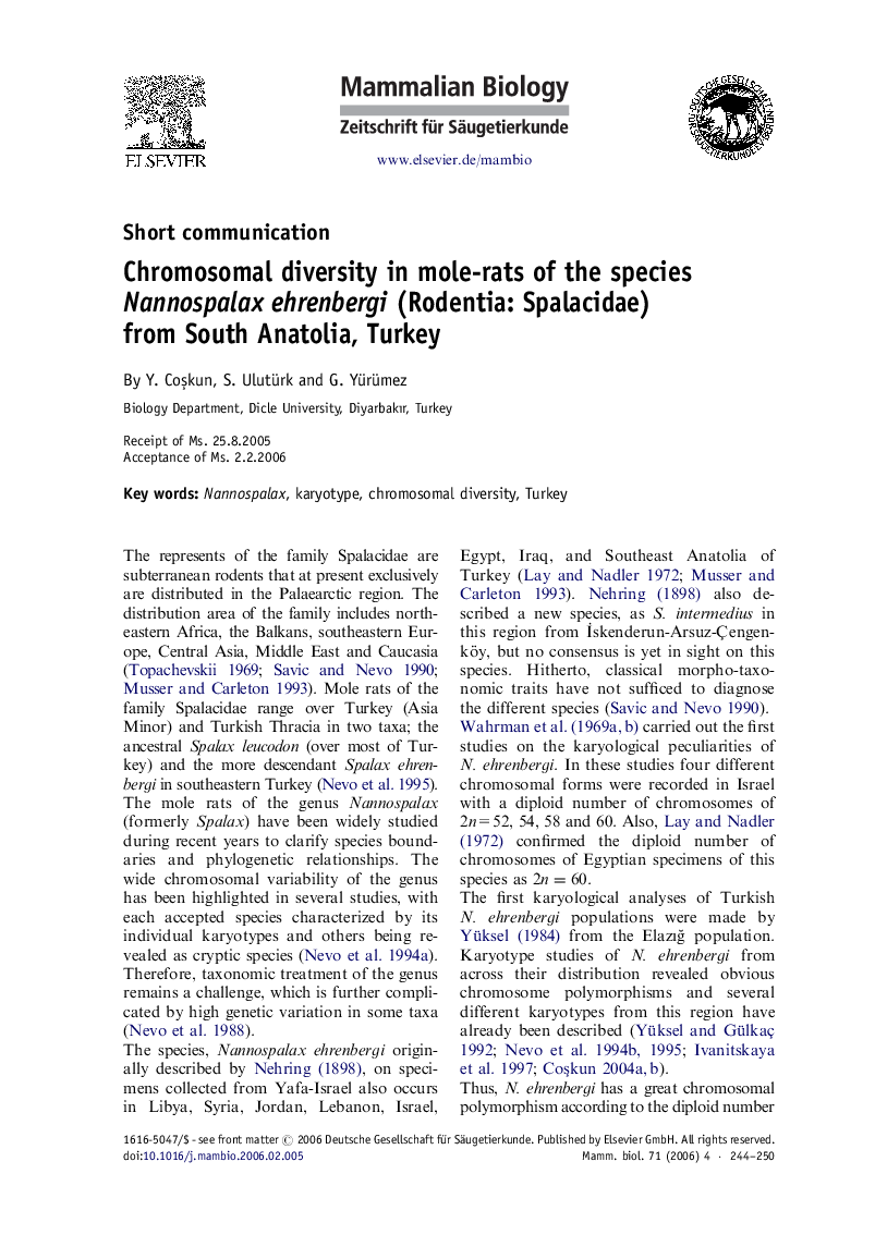 Chromosomal diversity in mole-rats of the species Nannospalax ehrenbergi (Rodentia: Spalacidae) from South Anatolia, Turkey