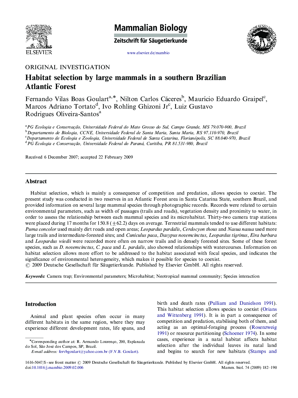 Habitat selection by large mammals in a southern Brazilian Atlantic Forest