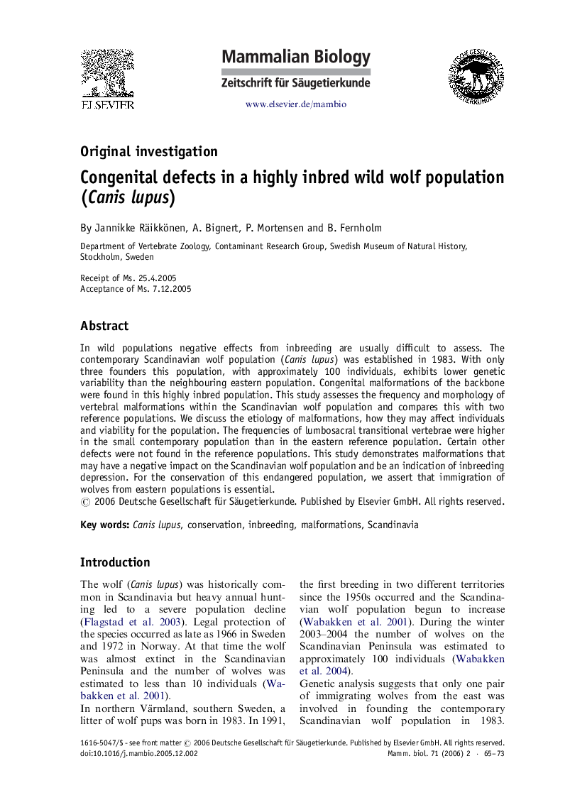 Congenital defects in a highly inbred wild wolf population (Canis lupus)