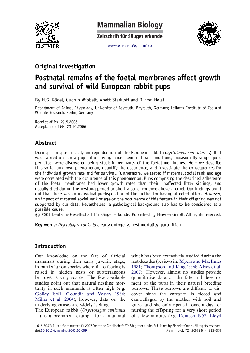 Postnatal remains of the foetal membranes affect growth and survival of wild European rabbit pups