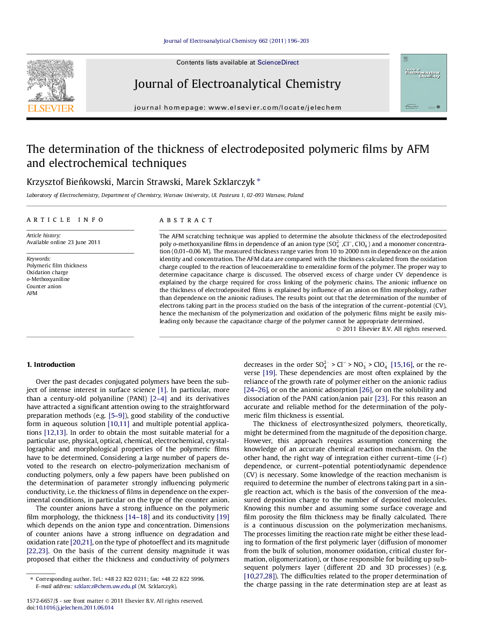 The determination of the thickness of electrodeposited polymeric films by AFM and electrochemical techniques