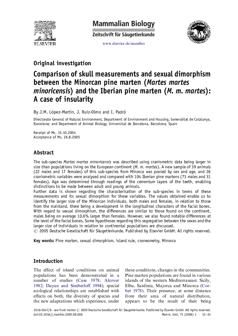 Comparison of skull measurements and sexual dimorphism between the Minorcan pine marten (Martes martes minoricensis) and the Iberian pine marten (M. m. martes): A case of insularity