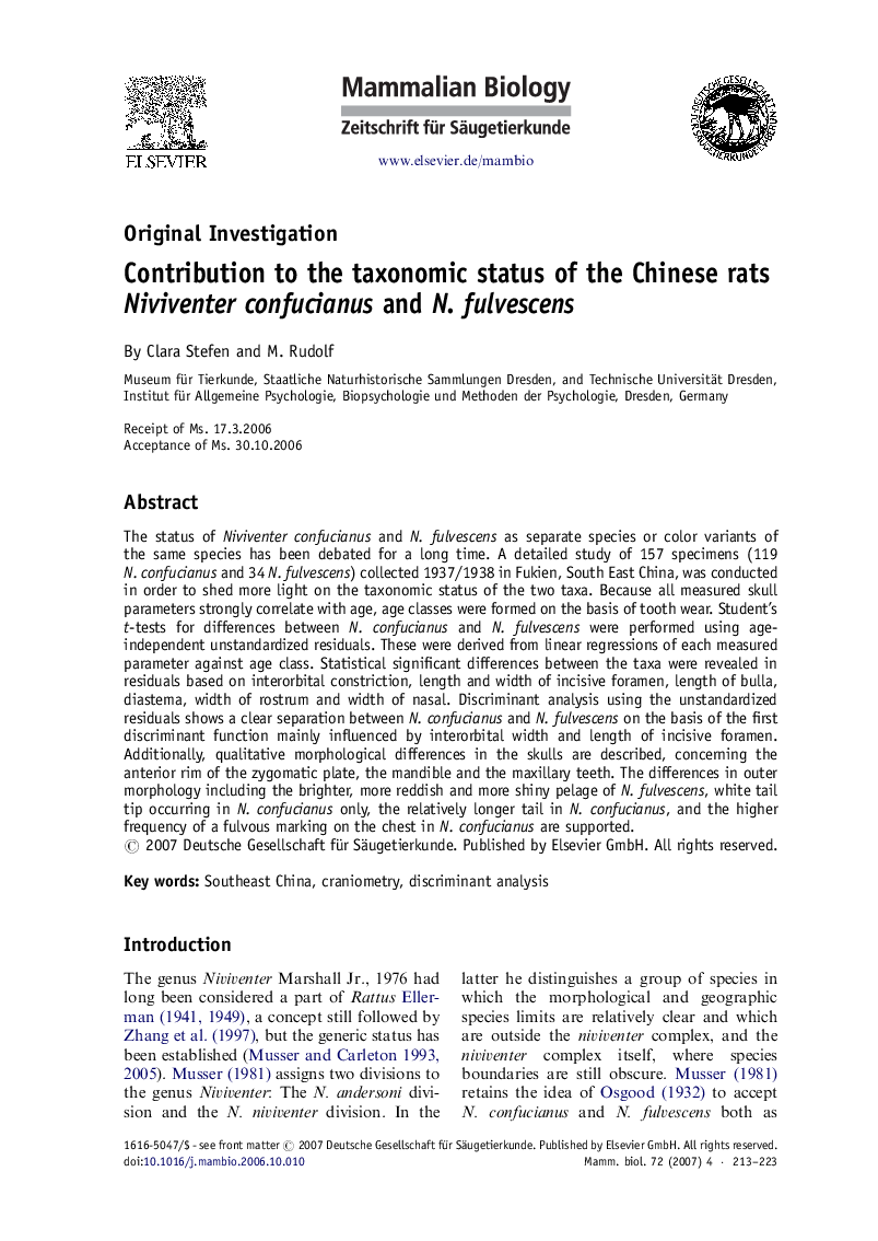 Contribution to the taxonomic status of the Chinese rats Niviventer confucianus and N. fulvescens