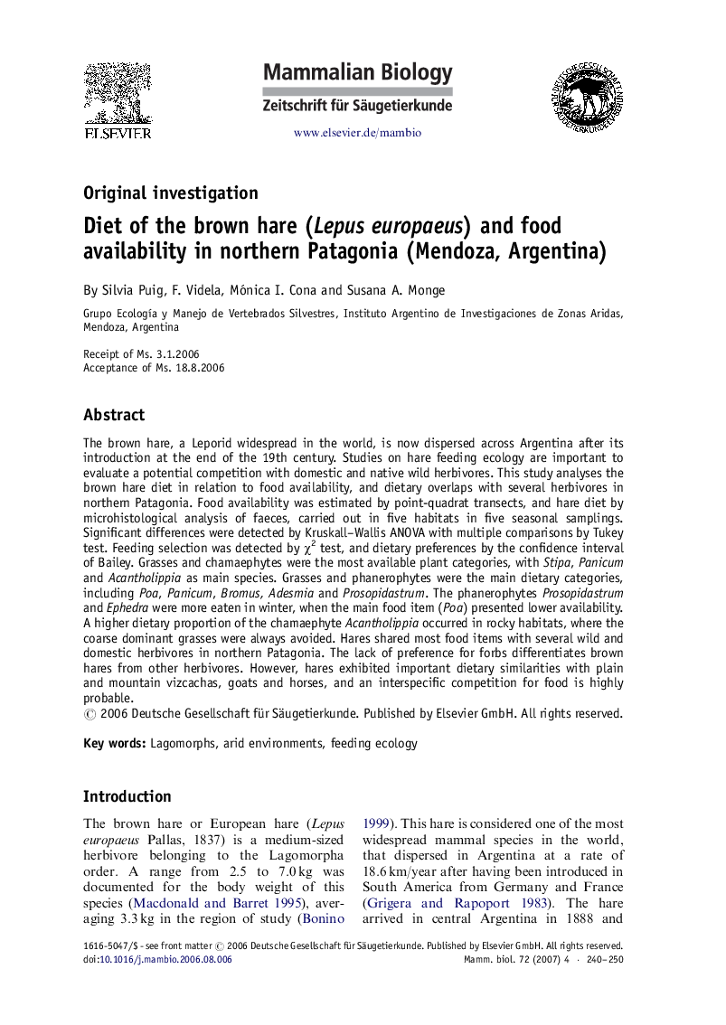 Diet of the brown hare (Lepus europaeus) and food availability in northern Patagonia (Mendoza, Argentina)