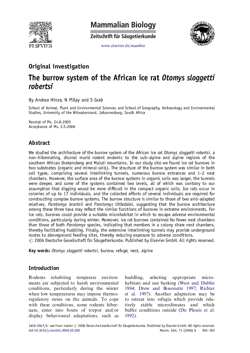 The burrow system of the African ice rat Otomys sloggetti robertsi