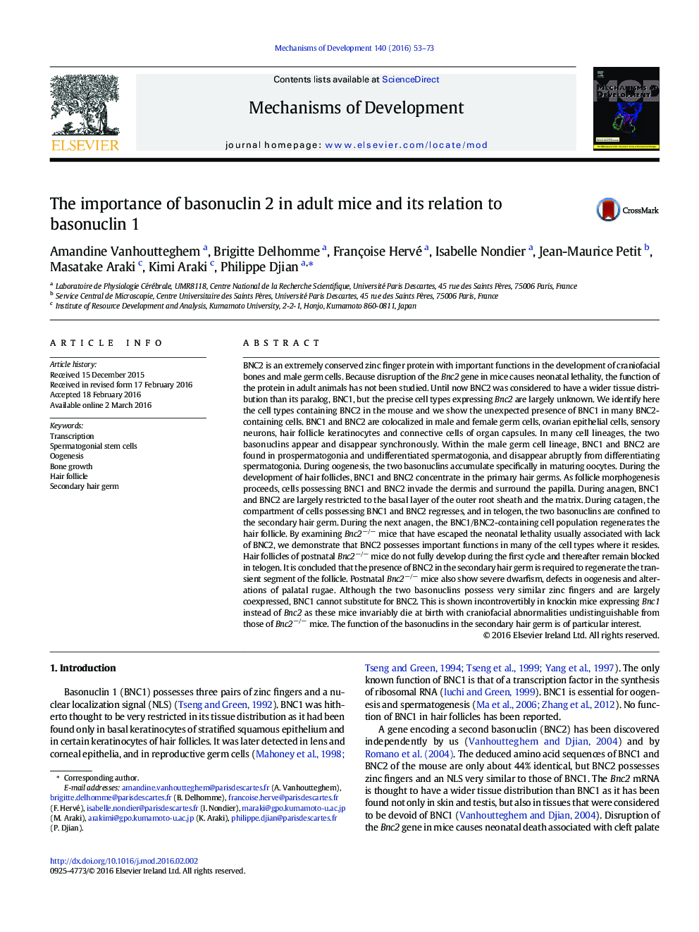 The importance of basonuclin 2 in adult mice and its relation to basonuclin 1